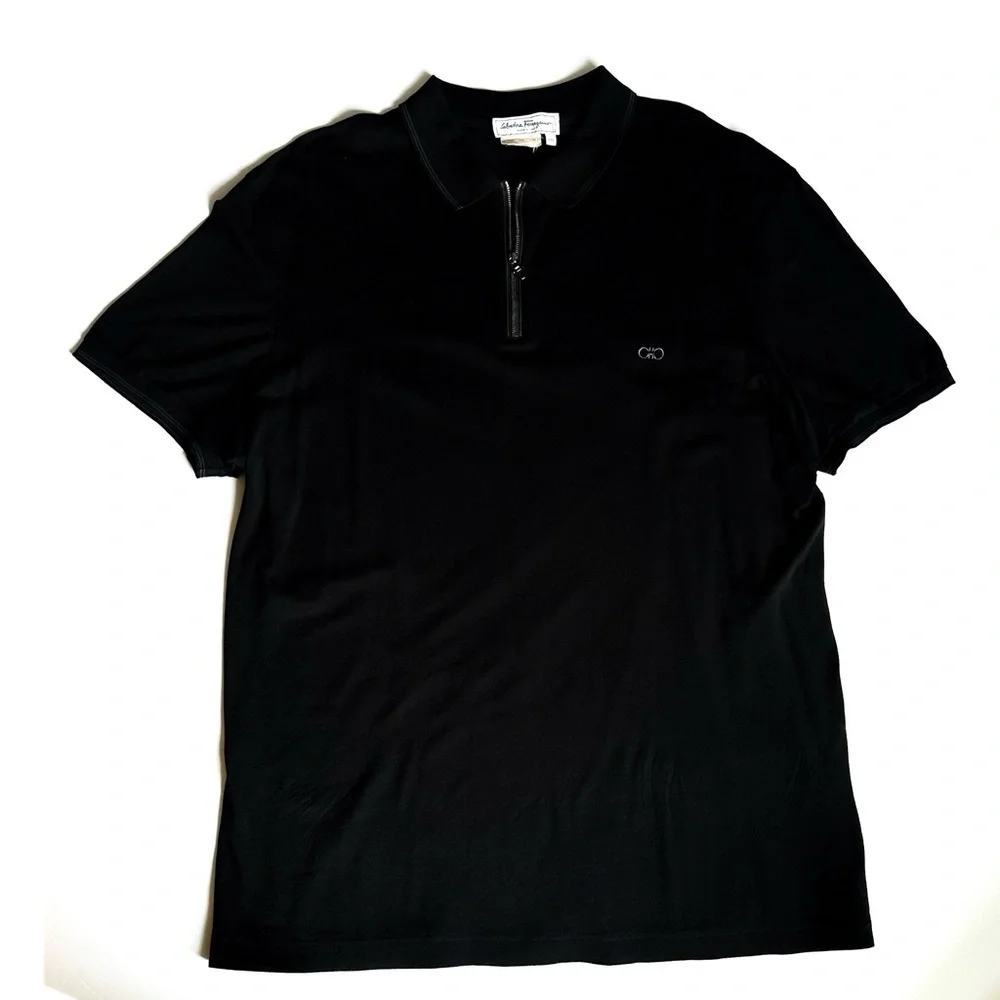 Salvatore Ferragamo Black Cotton Pique Logo Polo Shirt with Logo 3/4 Zipper XXL - Picture 4 of 13